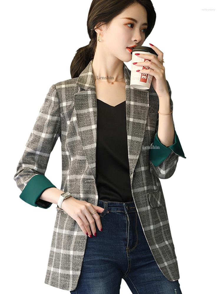 

Women' Suits Gray Plaid Long Coat With Pockets For Women Single Button Jacket Fashion Outwear Loose Style Blazer