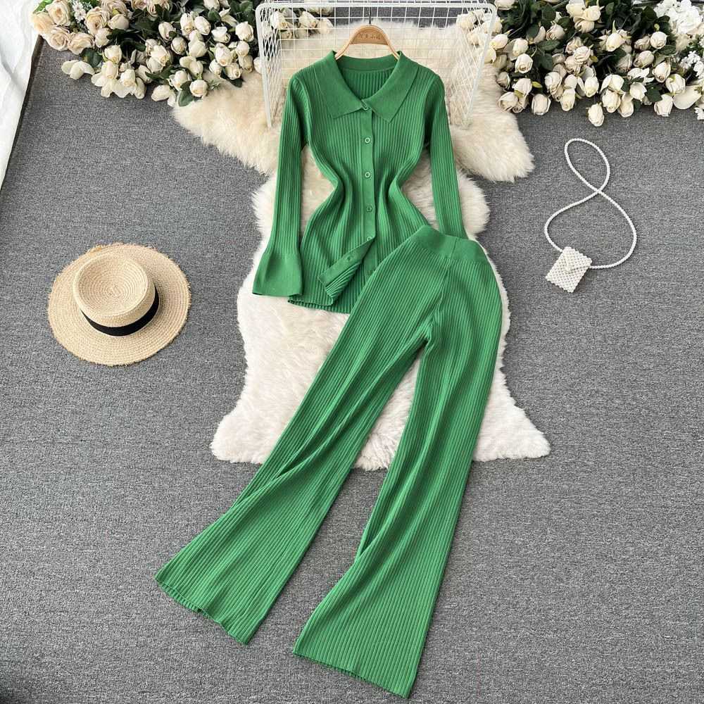 

Fashion Knitted Suit Women's Green Long Sleeve Lapel Sweater Cardigan Shirt High Waist Hanging Feeling Wide Leg Pants Two-piece Set, Rose pink