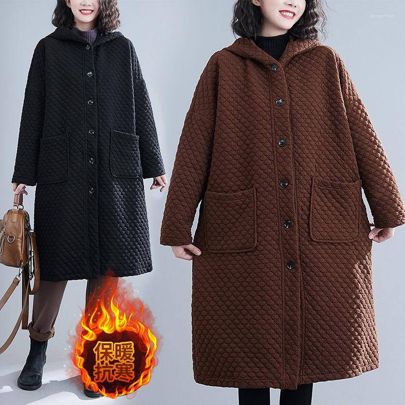 

Women's Trench Coats 2022 Autumn Winter Loose Large Size Fashionable Quilted Jacket Mid-Length Hooded Wild Cotton Padded Coat Women, Black