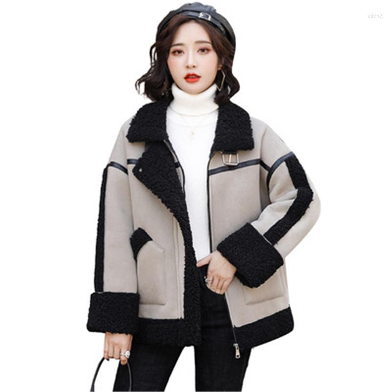 

Women' Fur 2022 Autumn Winter Women' Lambswool Coats Casual Trendy Lady Faux Fue Jackets Patchwork Thick Female Long Outerwear Belt