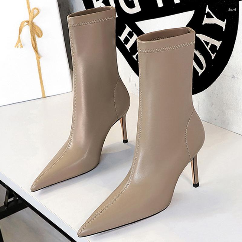 

Boots BIGTREE Shoes Pu Leather Women Ankle Sexy High-heel Autumn Winter Short Plus Size 43 Heels, Khaki