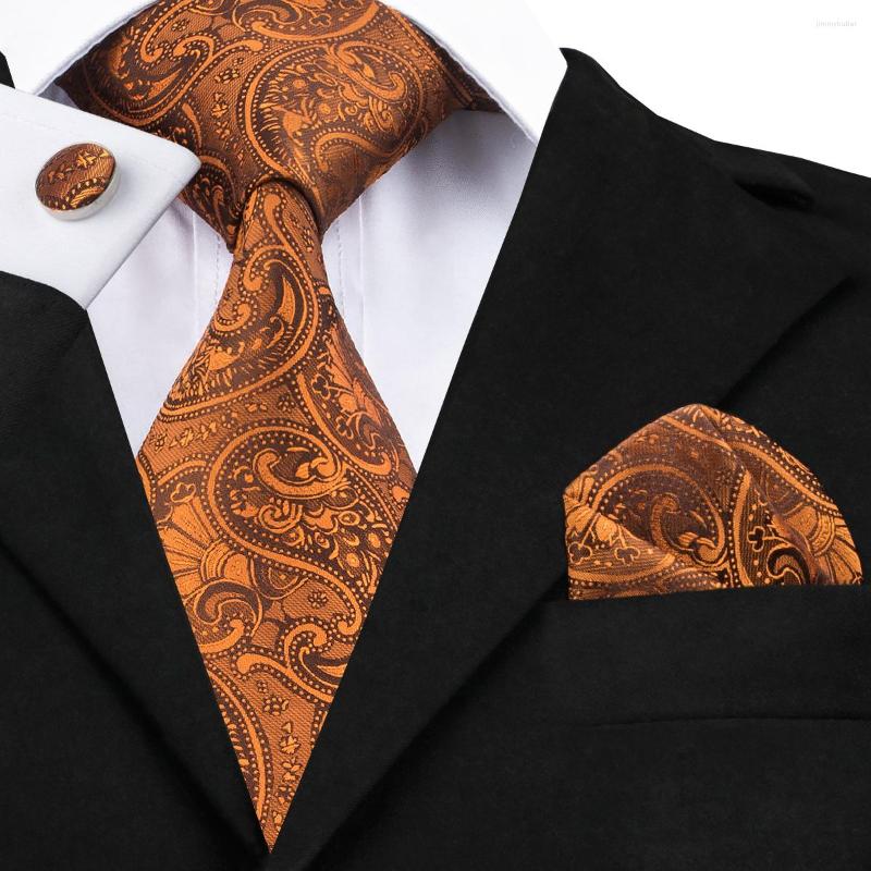 

Bow Ties Hi-Tie Paisley Set For Men Brown Jacquare Woven Silk Tie Pocket Square Cufflinks Necktie Suit CorbataC-1551