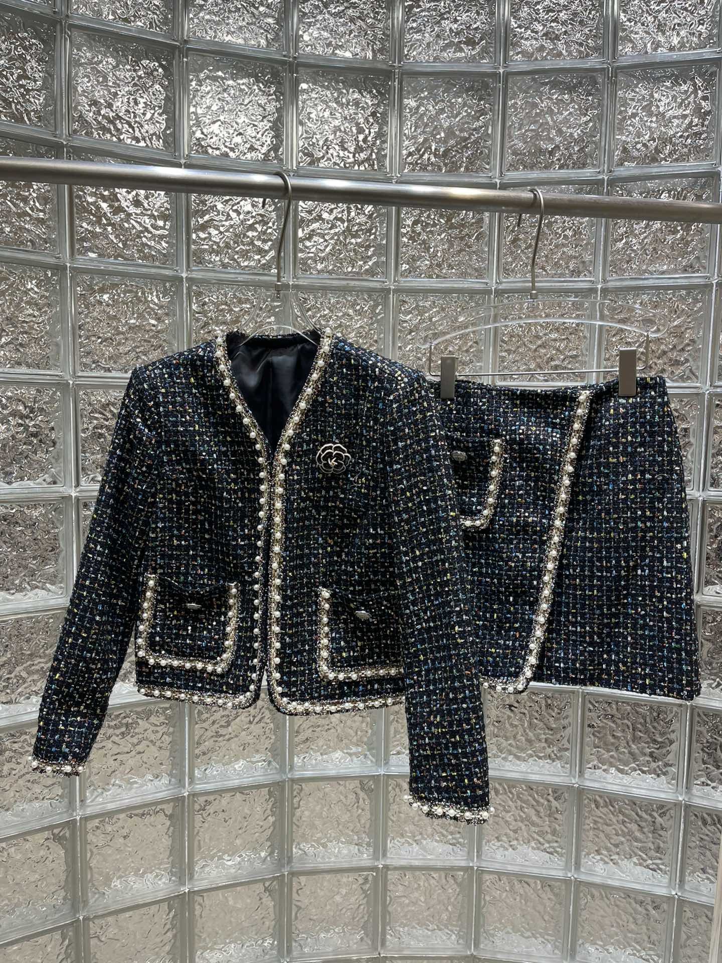 

Chan Women's Two Piece Sets2022 new autumn winter two-piece fashion pearl logo tweed jacket short skirt womens autumn sexy suit designer casual spring women coat gift, Black