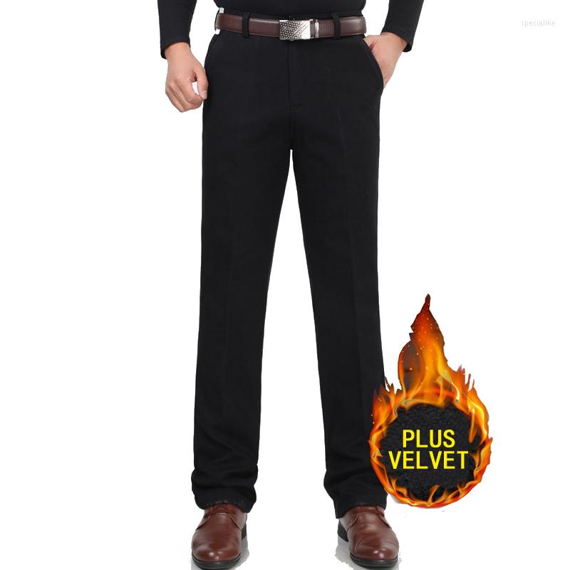 

Men's Pants Winter Plus Velvet Casual Men Trousers Business Suit Thick Fleece Cotton Loose Straight Keep Warm, 215 dark khaki