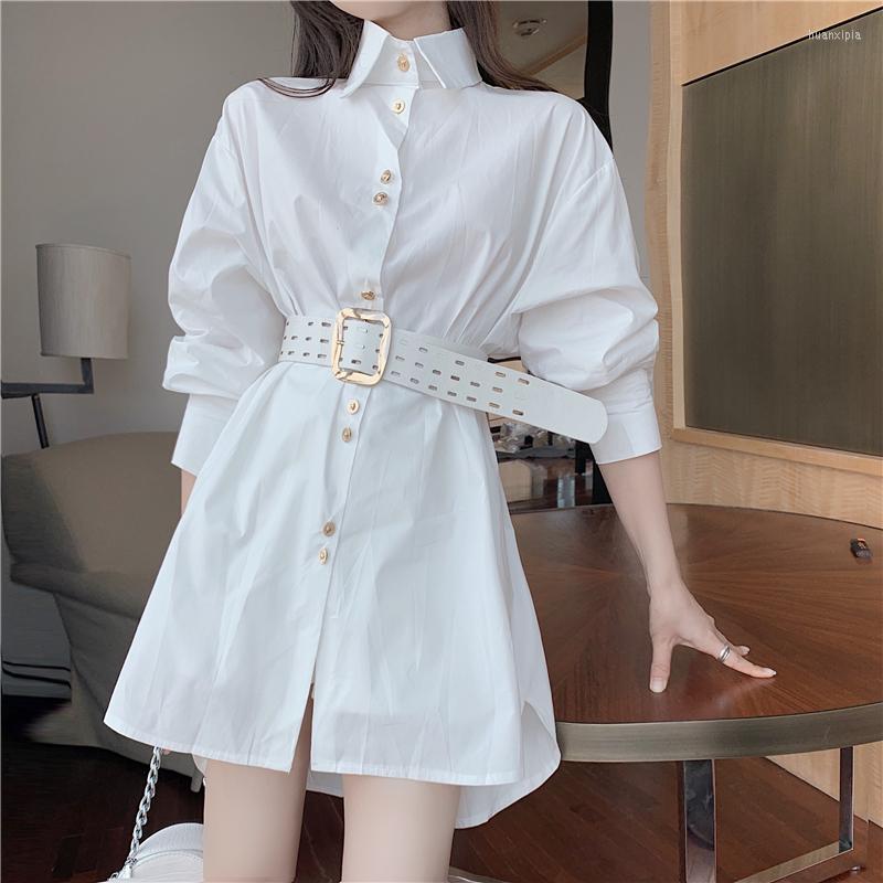 

Women's Blouses Temperament Loose Shirt Full Sleeve Blouse Women's Early Autumn Style Polo Neck Long Single Breasted Top Trend Sashes, White