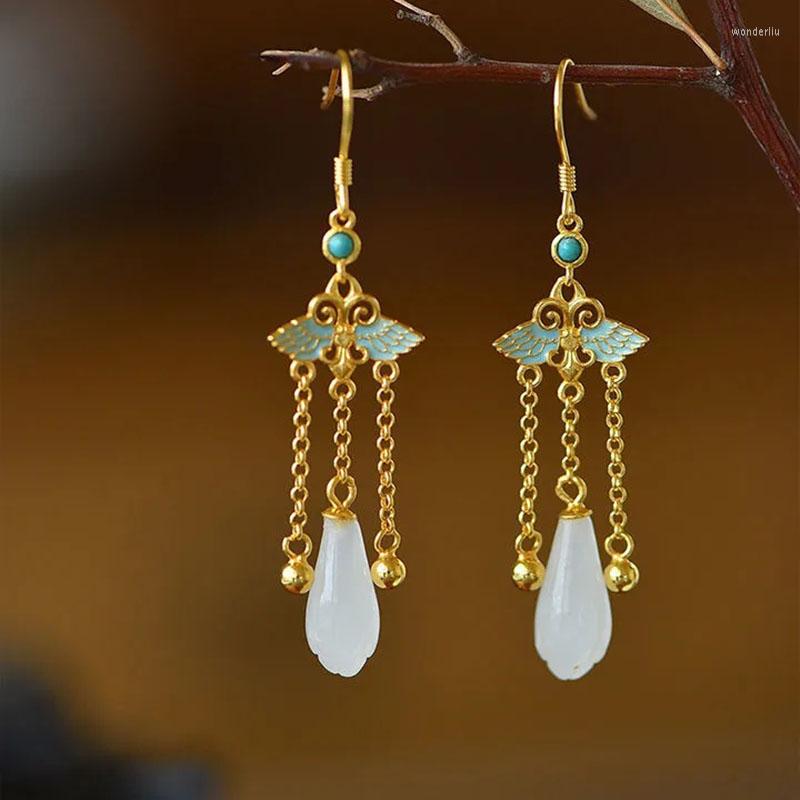 

Dangle Earrings 925 Gold-plated Long Tassel Inlaid Imitation Kan Jade Magnolia Flower Ethnic Style Women Exquisite Jewelry Gift