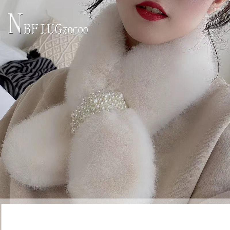 

Scarves Faux Fur Women Scarf Winter Thick Korean Kawaii Pearl Fashion Female