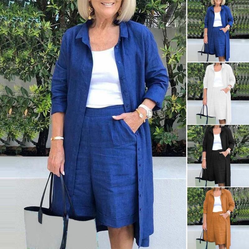 

Women's Two Piece Pants 2 Pcs/Set Chic Autumn Coat Shorts Set Deep Crotch Jacket Suit Long Sleeves Soft Loose Women, Black