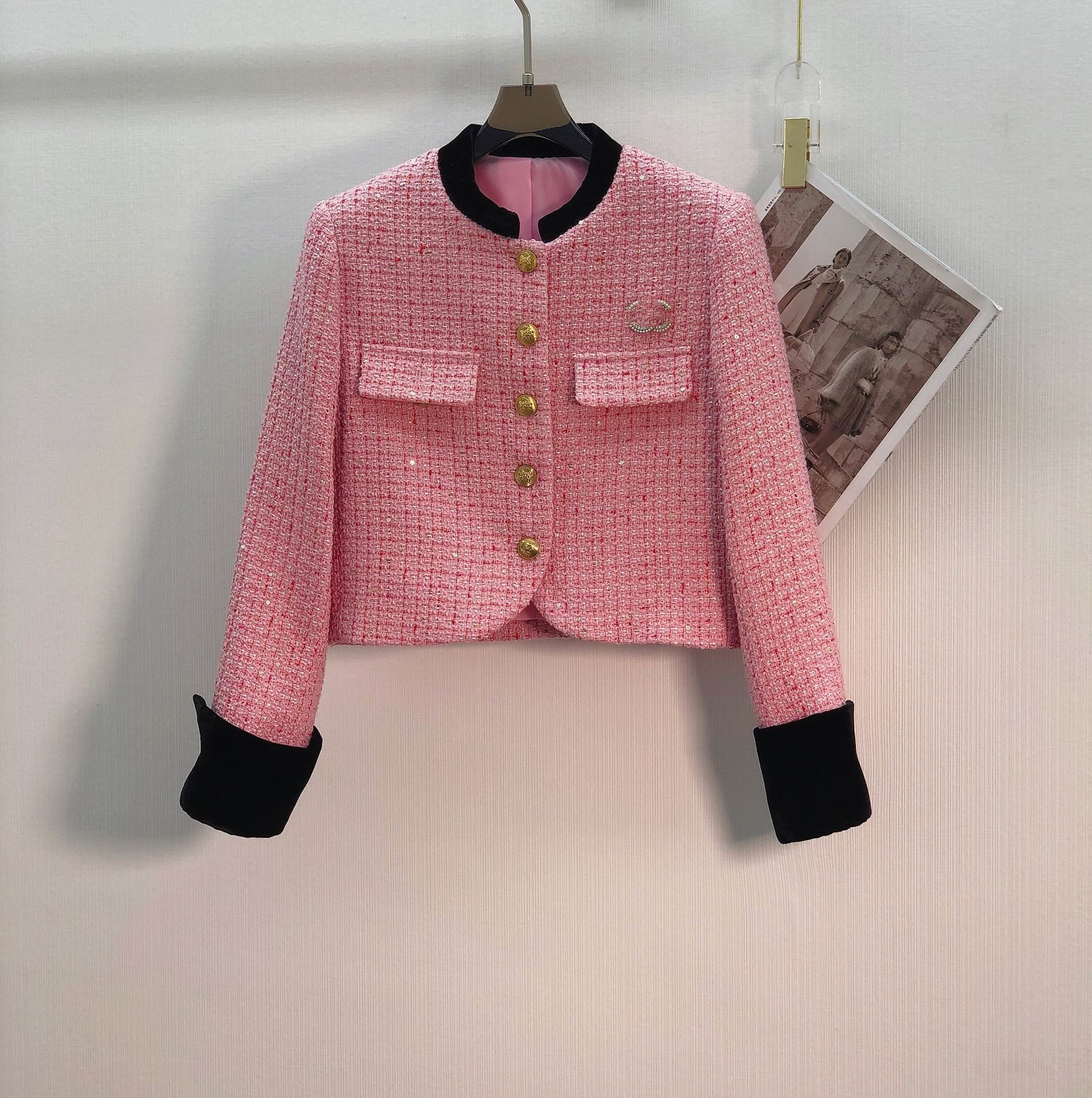 

Chan New Women' brand jacket Fashion 2022 top-grade autumn winter classic Metal buckle logo tweed coat overcoat Leisure Spring Coats cardigan Women christmas Gift, Pink