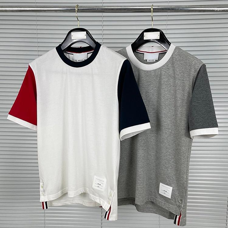 

Men' T Shirts Fashion Stripe T-Shirts O-Neck Patchwork Short-sleeved Tees Slim Fit Men Cotton Solid Summer Casual Clothing, Gray