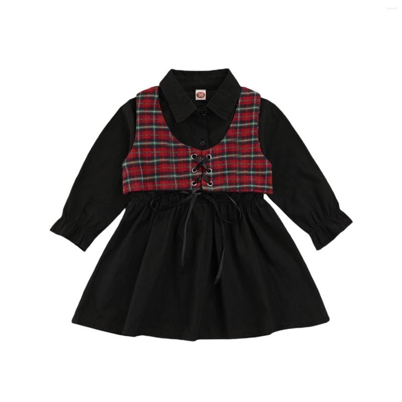 

Girl Dresses Girls Casual Cotton Two-Piece Clothes Set Black Solid Color Long Sleeve Collared Dress And Plaid Printed Pattern Tank Tops, Picture shown