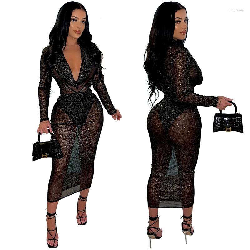 

Casual Dresses Geometric Print Low Neck Mesh Midi Dress Women Long Sleeve Sexy See Through Package Hip Nightclub Party Bodycon -XXL, Black