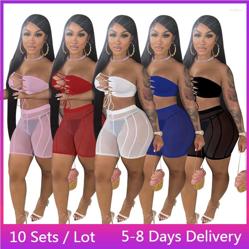 

Women' Tracksuits Wholesale Items Sheer Mesh Sexy Two Piece Set Women Clothing Rave Summer 2 Sets Womens Outfits Lace Up Crop Top Shorts, Red
