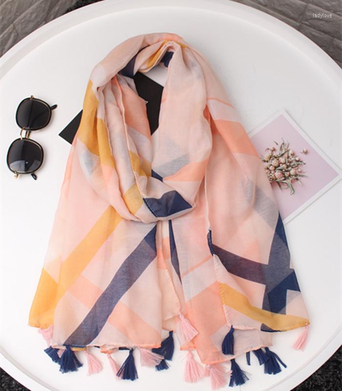 

Scarves 2022 Est Voile Geometry Print Tassel Shawls Wrap Women Soft Stripe Scarf Hijab Beach Headband