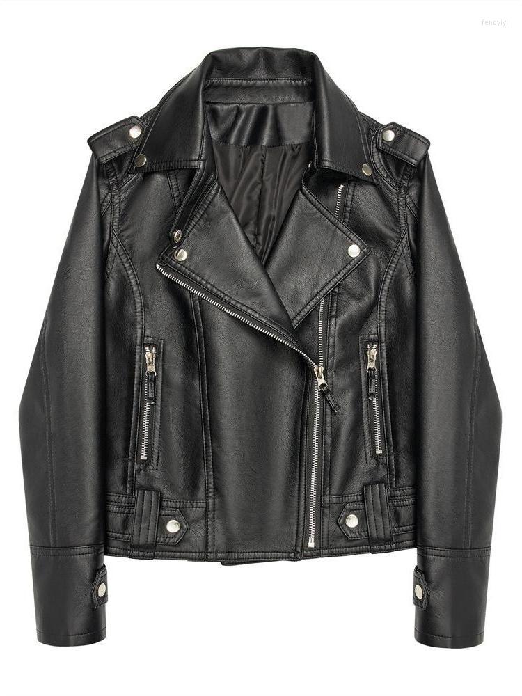 

Women' Leather Spring Autumn Motorcycle Short Jacket Women Punk Style Lapel Zipper Faux Fashion Slim Black Coat, Beige