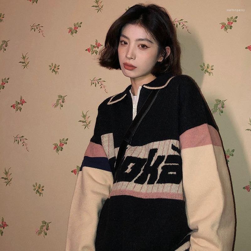 

Men's Sweaters Women Sweater Knitted Pullover Long Sleeves Vintage Preppy 2022 Spring Autumn Half Zipper Striped Korean Trends, Black