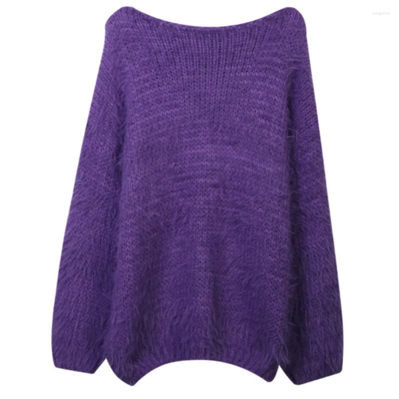 

Women' Sweaters 2022 High Quality Women Soft Mohair Knitted Sweater Autumn Winter Long Sleeve Mink Cashmere Thick Warm Loose Jumper, Purple