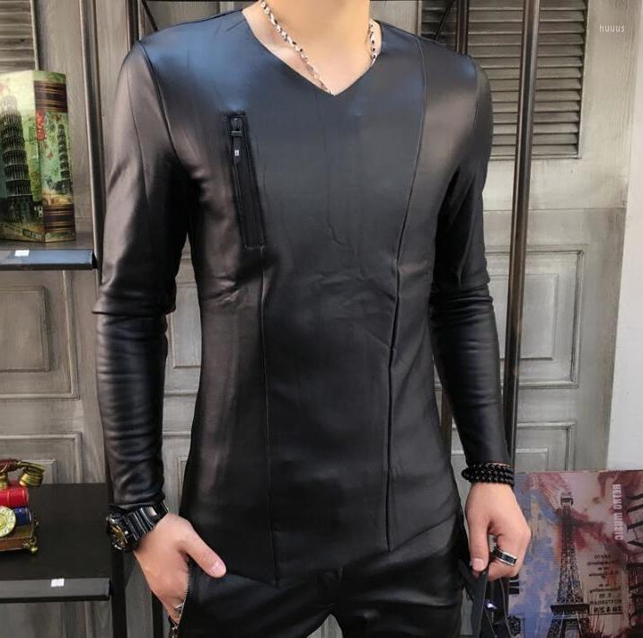 

Men' T Shirts Plus Velvet Thick Winter Korean Tight T-shirt Men' Bottoming Shirt Men Zipper Leather Clothes Male Long Sleeve Tops, A style