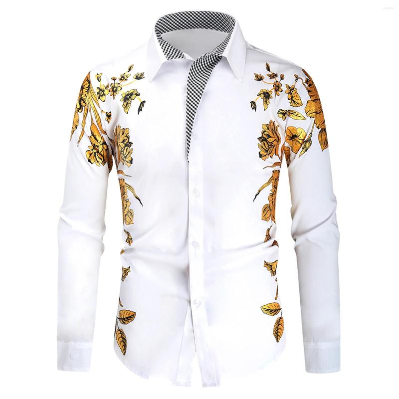 

Men's Casual Shirts Metallic Long Sleeve Men's Shirt Long-sleeved Bronzing Printing And Lapel Autumn Cross Band For Men, White