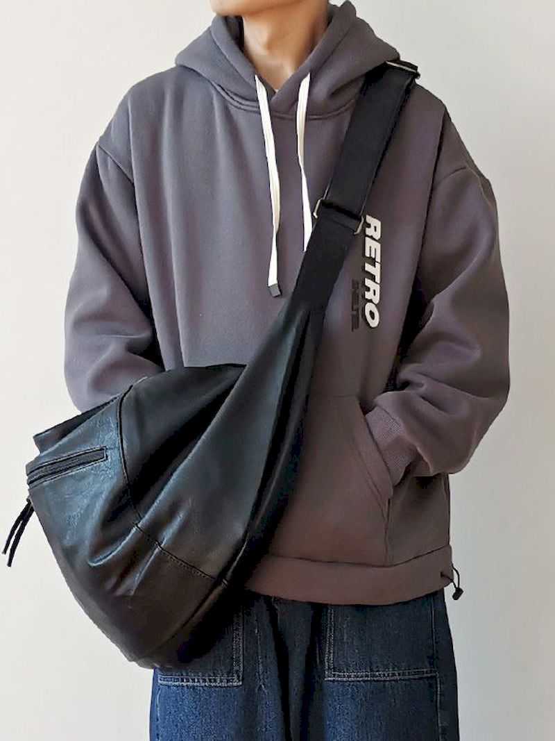 

Foufurieux Men's Trendy Shoulder Bag Personality Casual Messenger Large Capacity Dumpling Korean Fashion PU Leather 221101, Black