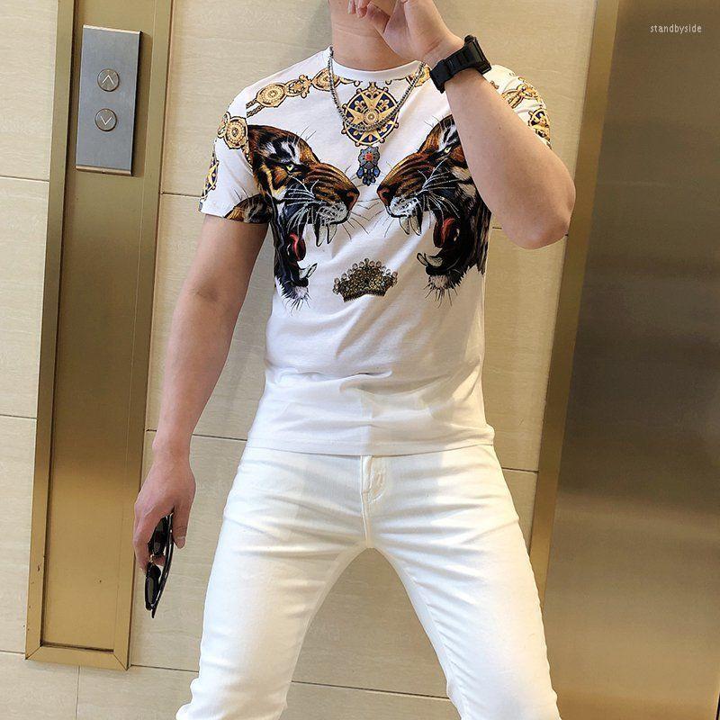 

Men's T Shirts Summer Customized Men's Rhinestone Round Neck T-sShirt Original High-End Tiger Print Luxury Casual Short Sleeve, As shown asian size