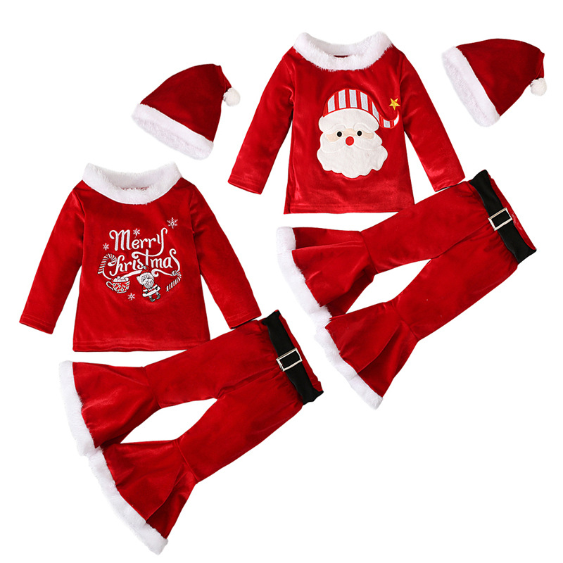 

Baby kids Girls Clothes Set 3pcs Long Sleeve red pleuche Tops with flare pants xmas Clothing, As picture