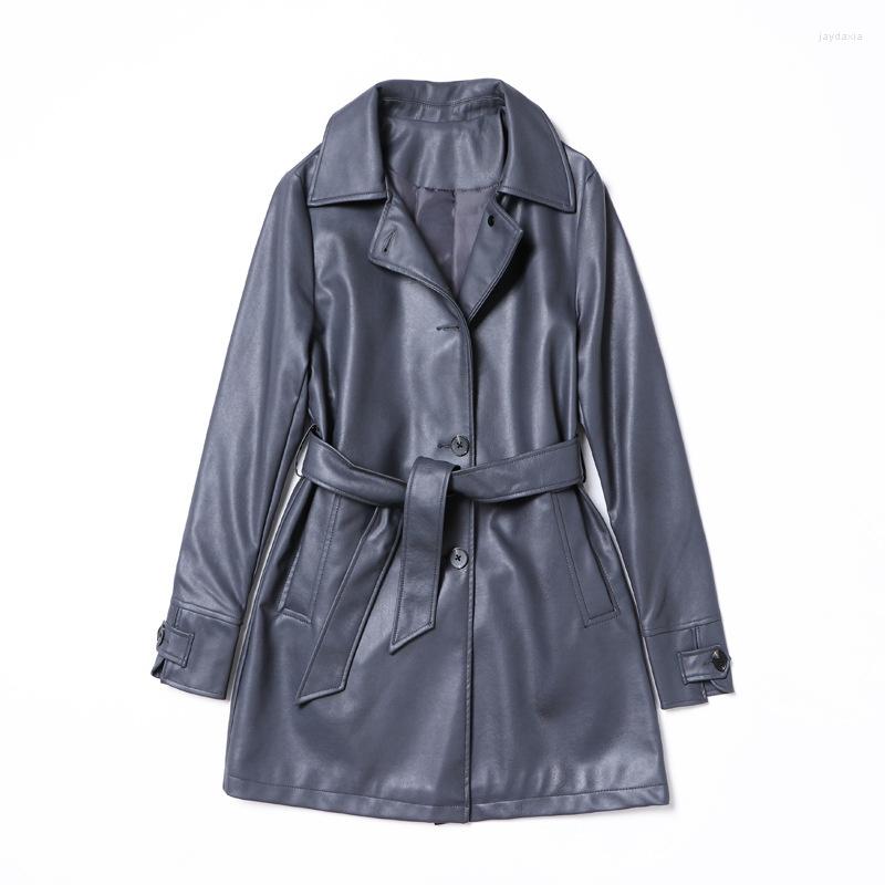 

Women' Leather Women Faux 2022 Spring Medium Long Windbreaker Belt Pu Jacket Slim Women' Trend Motorcycle, Beige