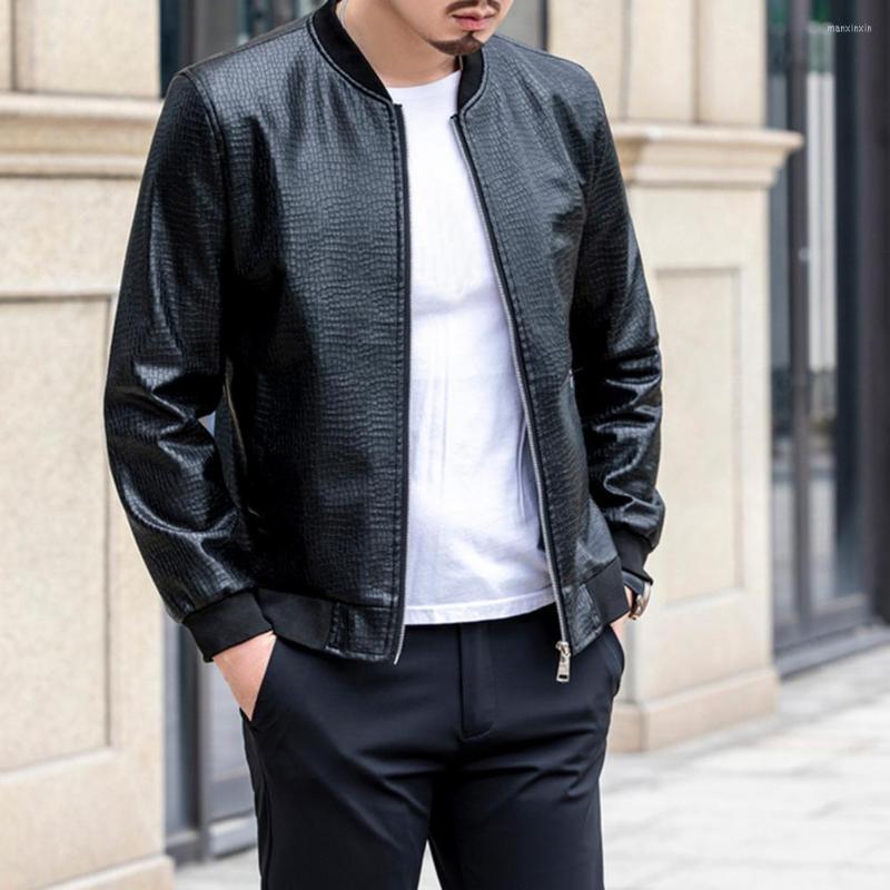 

Men's Jackets Men Coat Crack Stand Collar Solid Color Long Sleeve Faux Leather Zipper Ribbed Cuff Jacket Male Clothing Streetwear, Black