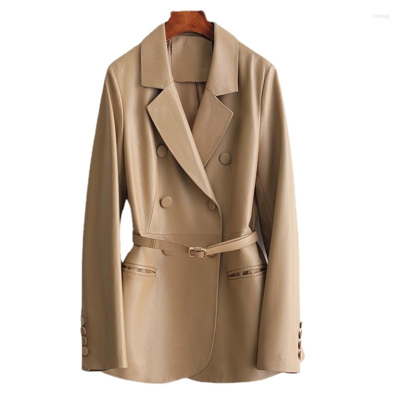 

Women's Leather Hwitex Genuine Coats Classic Womens Jackets Official Ladies Trench Black Belt Blazer Winter Long Overcoat Female HW3147