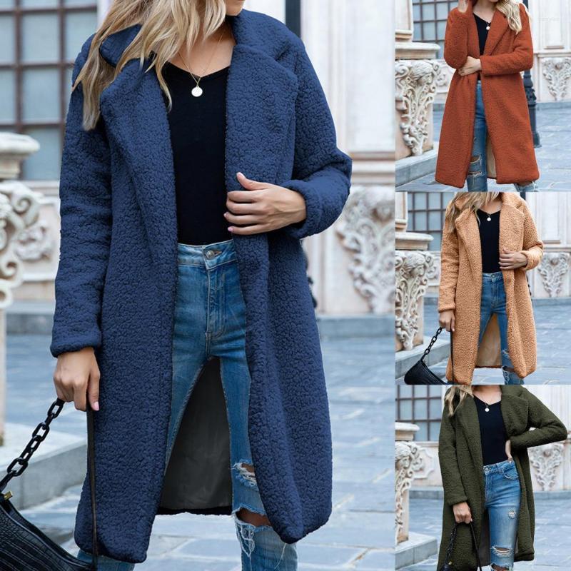 

Women' Fur Plus Size 3XL Winter Jacket Women Solid Color Faux Fleece Long Coat Open Front Lapel Overcoat Femme Veste, Army green