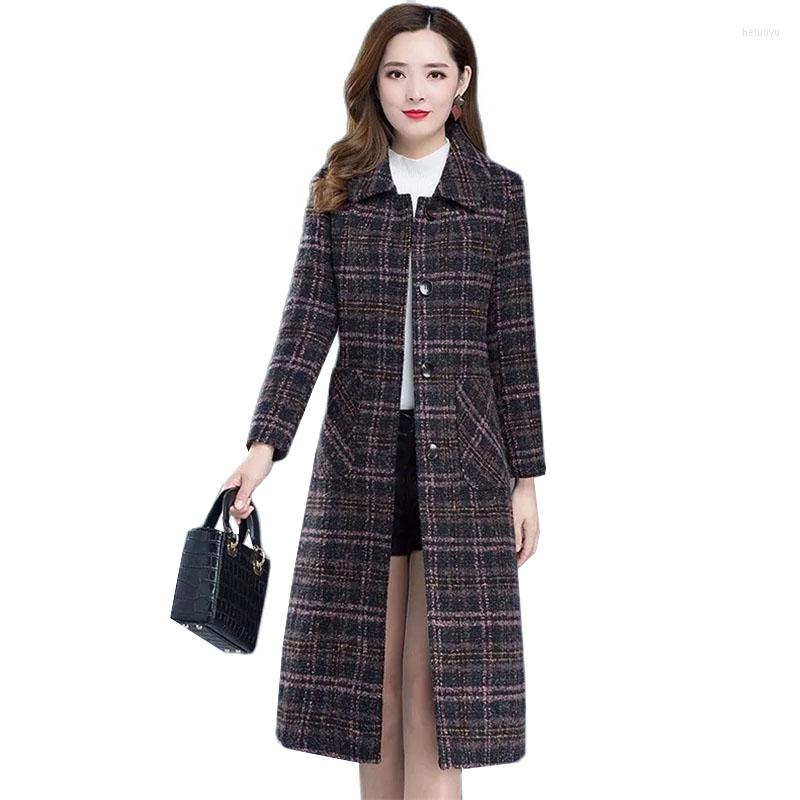 

Women's Wool 2022 Woolen Coat Women Autumn Winter Mid-Long High Quality Plaid Casual Jacket Outerwear Female Loose Fashion Coats, Green