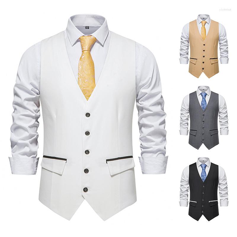 

Men' Vests Men Suit Vest V-neck Summer Solid Color Single-breasted Spring Sleeveless Business British Pocket Tie Waist Temperament, White
