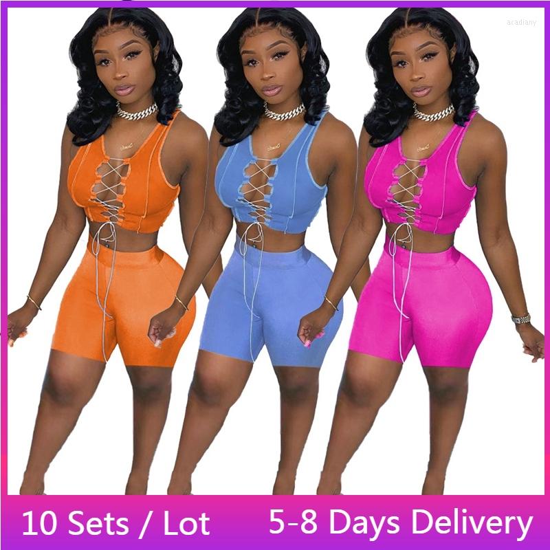 

Women' Tracksuits Wholesale Items Solid Sexy Two Piece Set Women Club Wear 2022 Summer 2 Outfit Hollow Out Lace Up Crop Top Biker Shorts, Blue