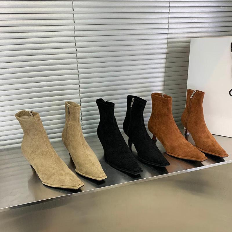 

Boots Flock Women Ankle Square Toe Sock Booties Black Brown Beige Side Zipper 2022 Arrivals Short Botas Dress Shoes Mid Heel