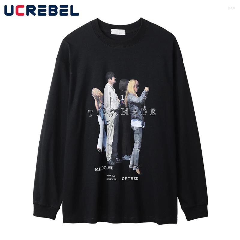 

Men's T Shirts Portrait Print Long Sleeve T-shirt Mens Autumn Loose Casual High Street Round Neck Drop Shoulder Cotton Tee Men, Black