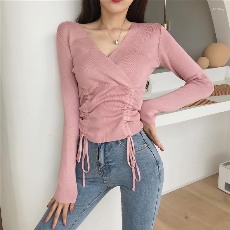 

Women's Sweaters Women's V-neck Knitted Full Sleeve Solid Cropped Sweater Shirts Girls Pullovers Jumpers Crop Tops For Female, Black