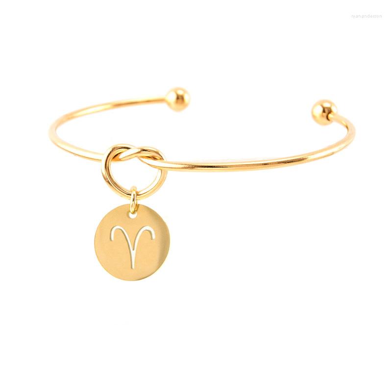 

Bangle Knot Heart Wire Women With Zodiac Sign 12 Constellation Charm Open Cuff Wrist Friendship Stainless Steel Jewelry