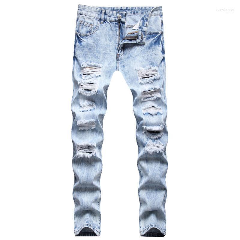

Men's Jeans Men's Loose Snow Wash Blue Holes Straight Denim Pants Spring Summer Fashion 90s Boyfriend Trend Men Clothing, Light-blue