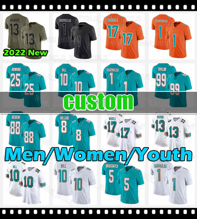 

1 Tua Tagovailoa Jersey Tyreek Hill Football 3 Myles Gaskin Jason Taylor Jevon Holland Jaylen Waddle Jaelan Phillips Trey Flowers Jerome Baker Bob Griese Zach Thomas, Youth custom (h t)