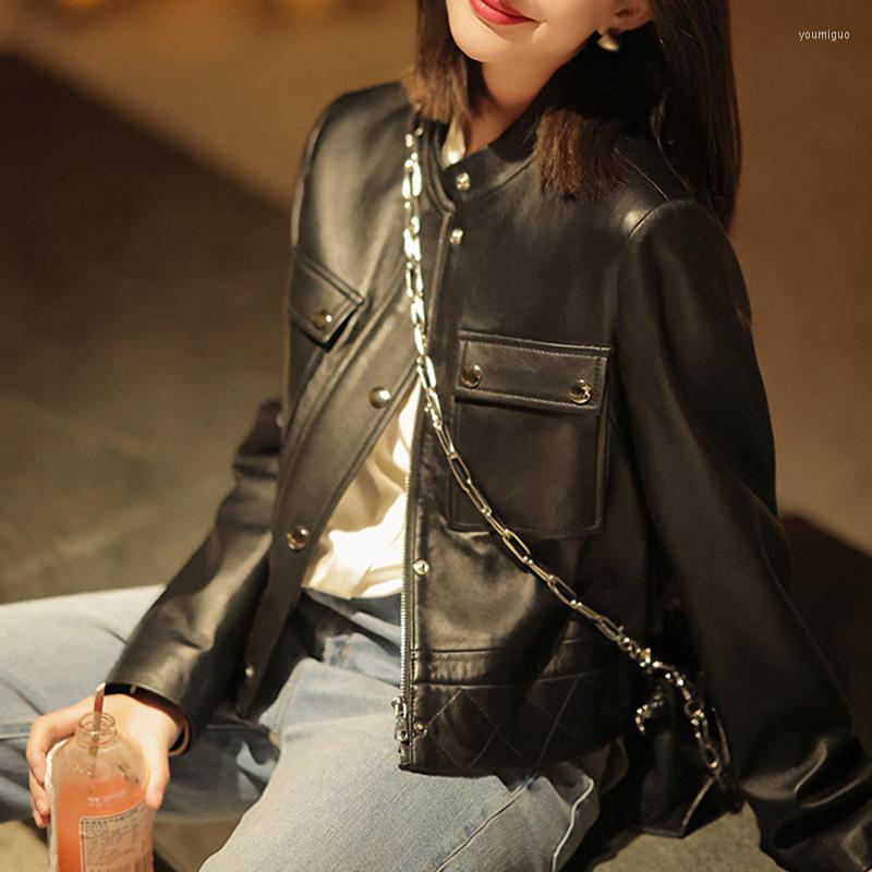 

Women's Leather Spring Genuine Jacket Women Fashion Real Sheepskin Coat Rivet Motorcycle Biker Female Sheep CL4012, Black