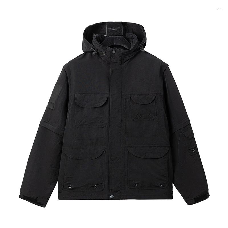 

Men' Jackets 2022SS Version Collaboration Cargo Jacket Men Women Sleeve Detacbable Windbreaker Mountain Hooded Coat, Black