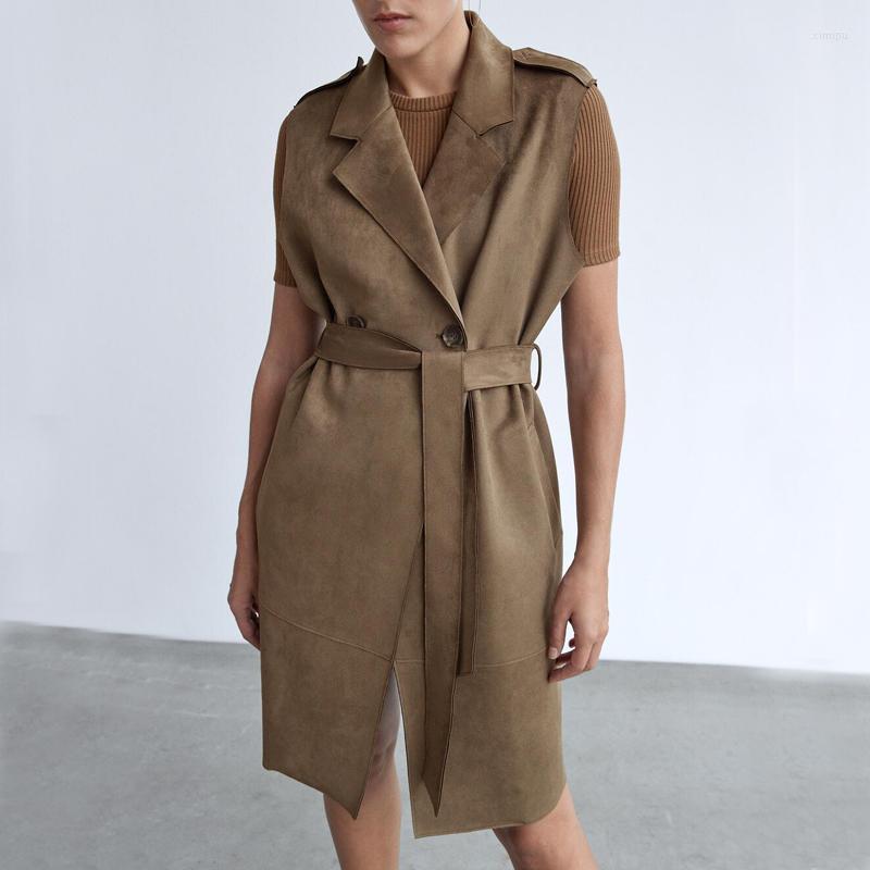 

Women's Vests Turn Down Collar Long Women Fashion Suede Double Breasted Coats Elegant Tie Belt Waist Female Ladies HU, Gd