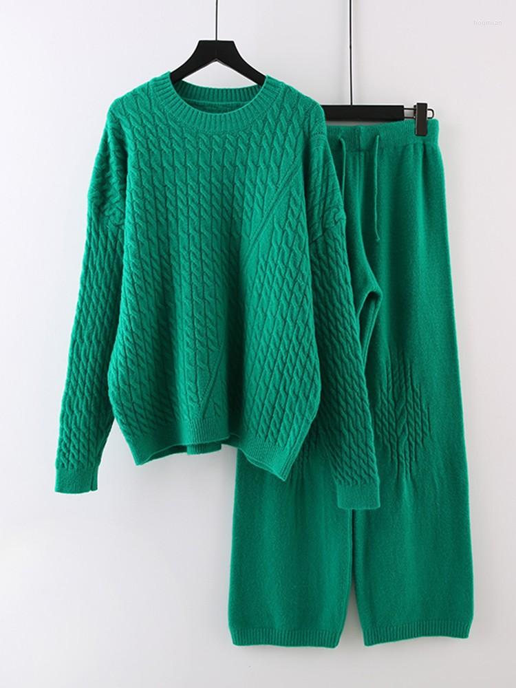 

Women's Two Piece Pants Autumn And Winter Knitting Suit Women's Two-piece Sweater Large Loose Wide Leg, Green