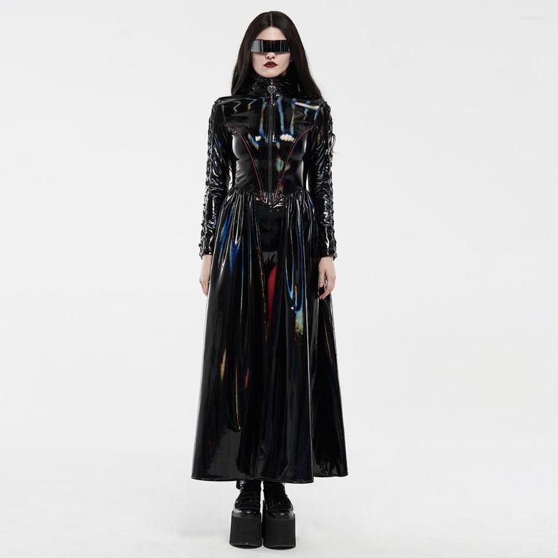 

Women's Trench Coats PUNKRAVE Women's Punk Rock Laser Long Jacket Rococo Cool Fashion Hoodies Knife Split Stage Performance Party, Black