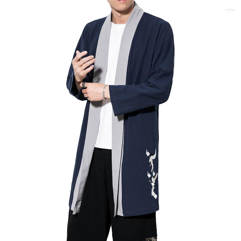 

Men's Trench Coats Chinese Style Spring Retro Long Cardigan Jacket Men's Meditation Clothing Hanfu Cloak Windbreaker Men JK67, Black