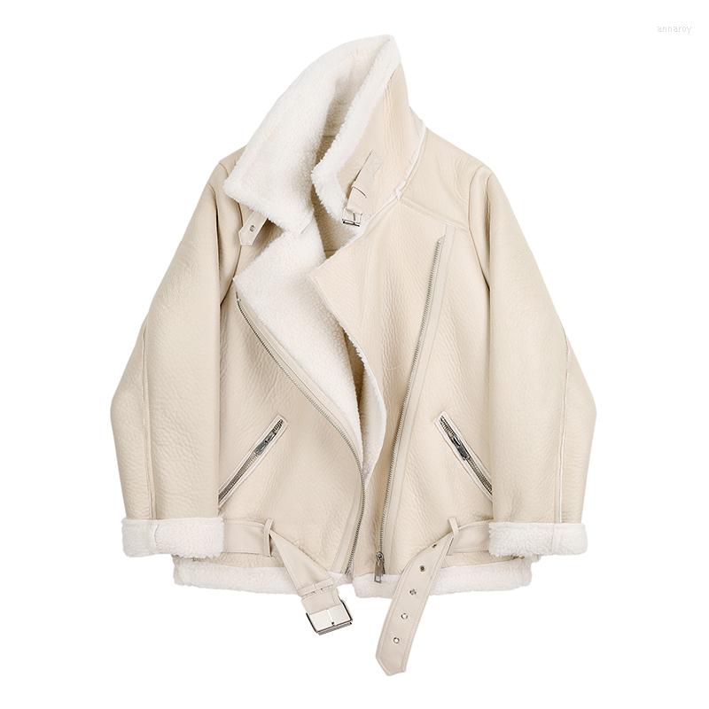 

Women' Leather Trendy Loose Fit Black Pu Thick Big Size Jacket Lapel Long Sleeve Women Coat Fashion Tide Autumn Winter Outwear, Beige