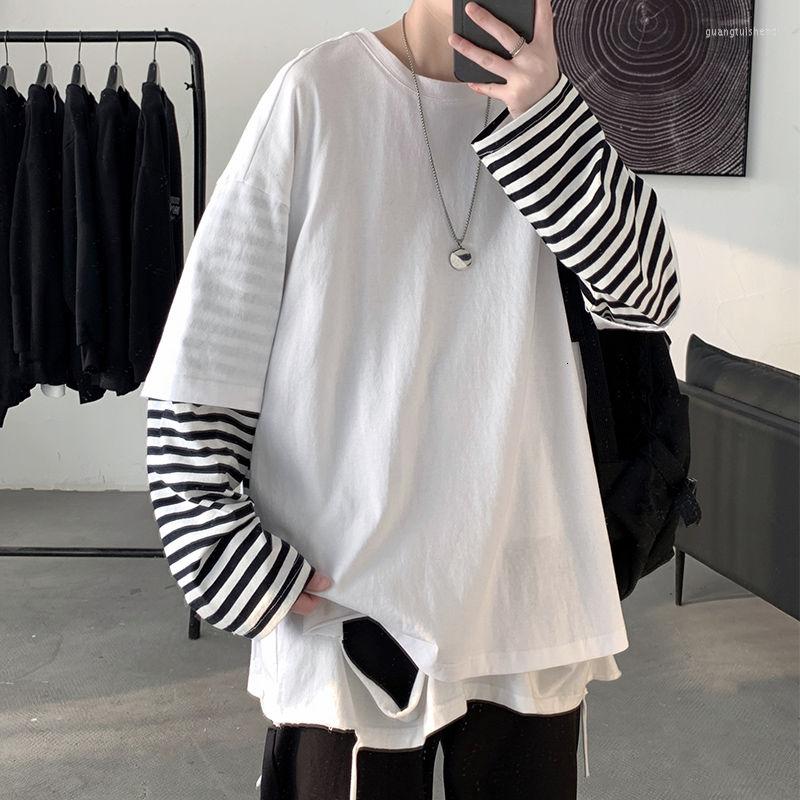 

Men's T Shirts Cotton Striped T-shirt Men's Fashion Casual Fake Two-piece Shirt Men Streetwear Korean Loose Long-sleeved Tshirt Mens, Black