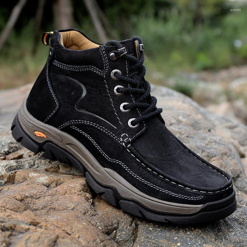 

Boots Autumn Winter Mens Boot Genuine Leather Outdoor Shoes Men Lace Up Casual Thick Bottom Dad High Quality Men's, Black2-no fur