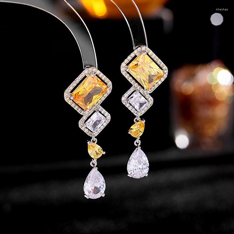 

Dangle Earrings 2022 Trend Geometric Bling Yellow CZ Drop For Women Luxury Temperament Girls Wedding Banquet Bride Dangler