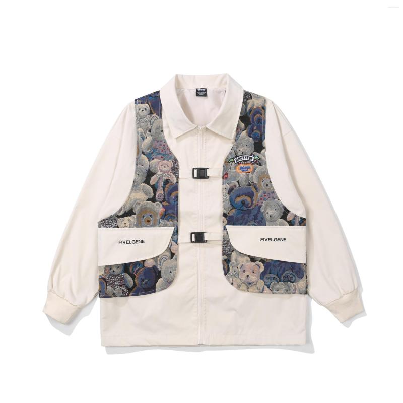 

Men's Jackets High Pattern Street Bear Spring Stitched Design Vest Jacket Men's And Women's Lapel Fake Two-piece Couple's Wear, Black